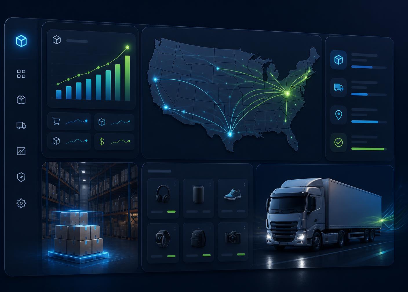 Jahid Outlet warehouse dashboard showing US shipping routes, live order analytics, and same-day fulfillment
